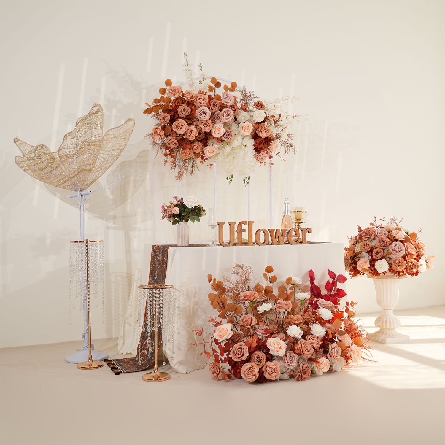 Uflower Coffee Fall Rose Hang Flower Floor Floral Wedding Party Event Props